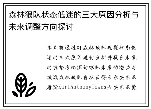 森林狼队状态低迷的三大原因分析与未来调整方向探讨
