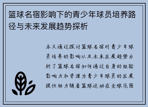 篮球名宿影响下的青少年球员培养路径与未来发展趋势探析