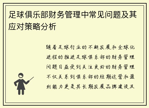足球俱乐部财务管理中常见问题及其应对策略分析 足球俱乐部财务管理中常见问题及其应对策略分析